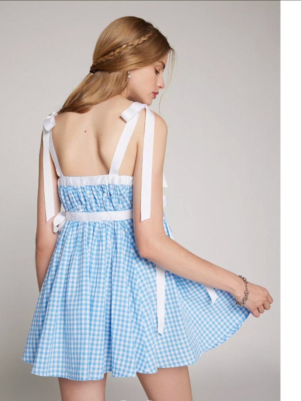 Kimchi Blue Women's Blue and White Gingham Babydoll Mini Dress - Picture 2 of 4